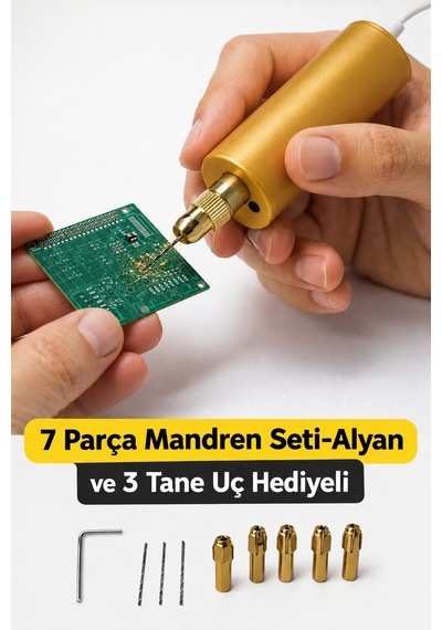 Muraytekno Usb Mini Drill Matkap Seti 7 Parça Mandren Seti, 3 Adet Mikro Matkap Ucu,hassas Delme ,dıy, Gold