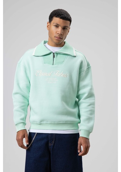 Vamos Oversize Fermuarlı Yaka Sweatshirt Mint