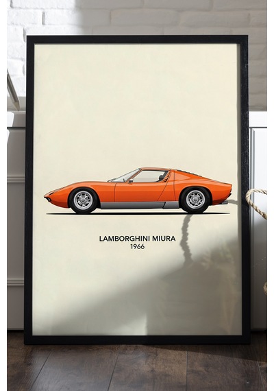 Lamborghini Miura Siyah Ahşap Çerçeveli Poster, Dekoratif Araba Duvar Tablosu