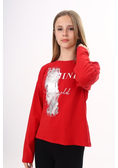 Toontoy Kız Çocuk Sweatshirt Shine Varak Baskılı Kırmızı