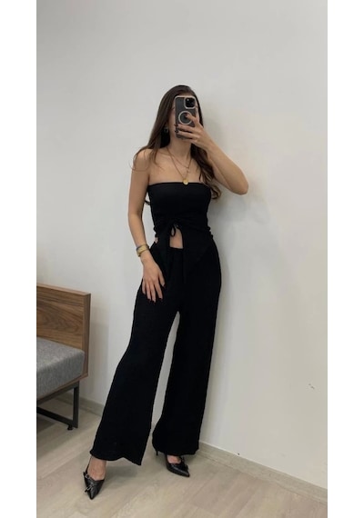 Defymoda Kadın Sendy Kumaş Bağcık Detaylı Asimetrik Takım Siyah