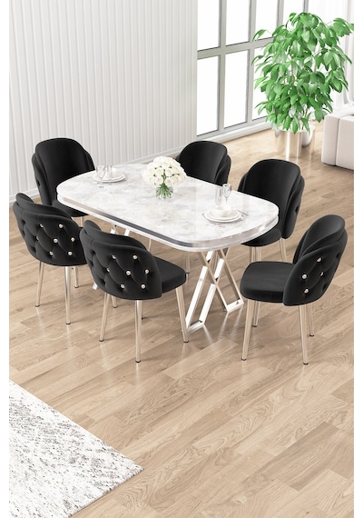 Canisa Zae Serisi 90x168 Lak Panel Beyaz Mermer Masa Krom Ayak Masa Takımı Ve 6 Siyah Sandalye Rampla Gri Masa Siyah Sandalye Canisa Zae Serisi 90x168 Lak Panel Beyaz Mermer Masa Krom Ayak Masa Takımı Ve 6 Siyah Sandalye Rampla Gri Masa Siyah Sandalye