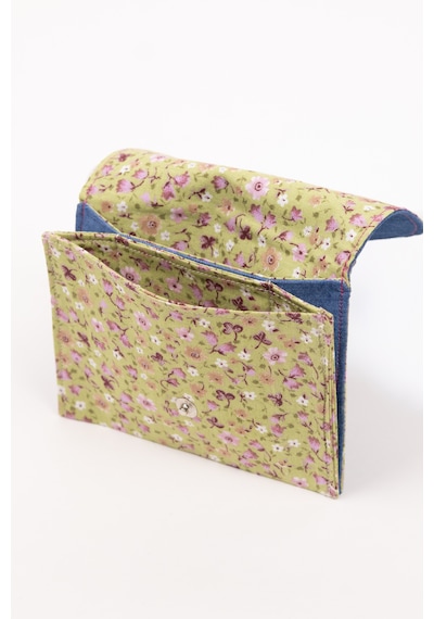 Fabric Craft Bag Kadın Cüzdanı Denim Kumaş Çiçek Nakışlı Çift Bölmeli 13x11 Cm Mavi - Yeşil