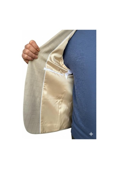 Plus Scorpion Ekoseli Slim Fit Erkek Blazer Ceket Şık Modern Tasarım, Tek Düğmeli Açık Bej