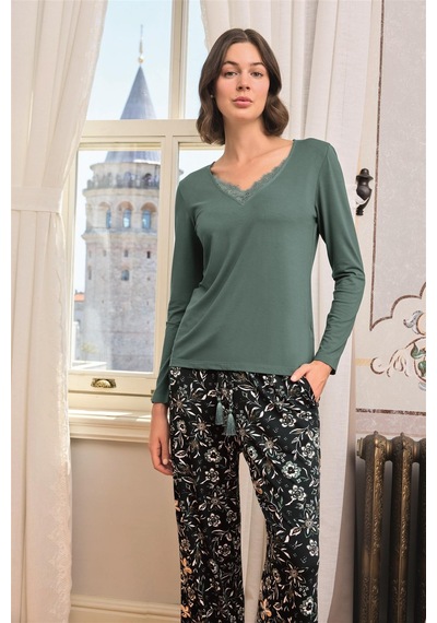 Monamise Kadın Çiçek Ve Yaprak Desenli Dantelli Büyük Beden Pijama Takımı 24168bat Yesil