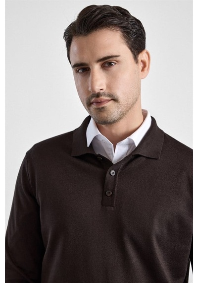 Süvari Koyu Kahve Regular Düz Fermuarlı Polo Yaka Kazak Tr2013700484-kh9