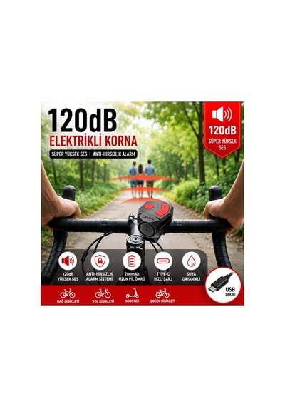 120 Db Usb Şarjlı Elektrikli Bisiklet Kornası Ve Anti Hırsızlık Alarm Zili Scooter Uyumlu Siyah