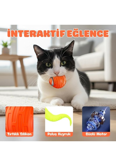 Akıllı Kedi Oyun Topu - Otomatik Yuvarlanan İnteraktif Kedi Oyuncağı - Şarj Edilebilir Evcil Hayvan Oyun Arkadaşı - Farklı Hız Ve Oyun Modları - Led Işıklı - Tüylü Kovalama Kuyruğu Turuncu