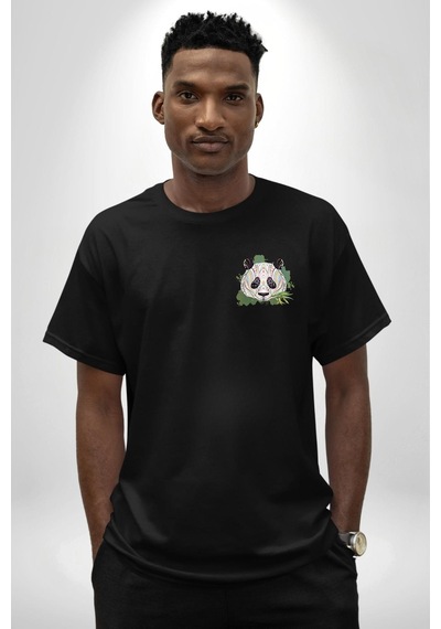 Kulaklıklı Hipster Portre Panda Siyah Oversize Unisex Ön Ve Sırt Baskılı Tişört Siyah