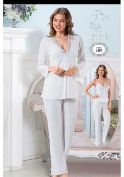 Pijamis 1453 Uzun Kol 3 Lü Kadın Pijama Takım Kutulu Ekru