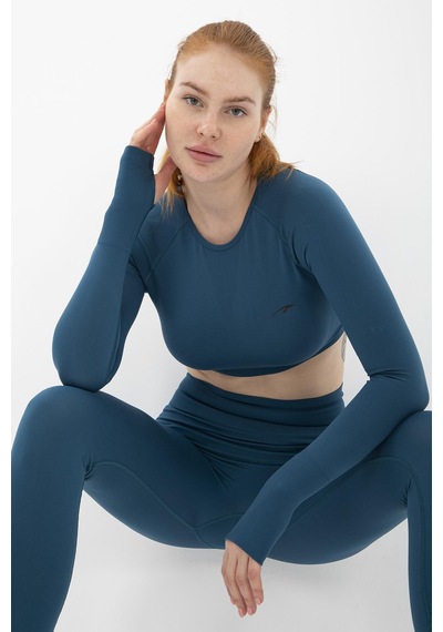 Maraton Active Slimfit Kadın Bisiklet Yaka Uzun Kol Training Mavi Crop Top 816005 Mavi