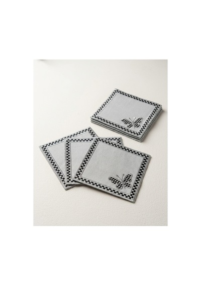 6 Lı Kelebek Desenli Gümüş Ekose Kokteyl Peçetelik 13x13 - Kare Kahve Sunumluğu,