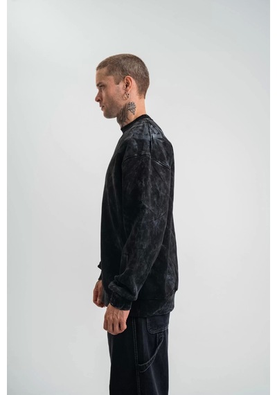 Unisex Uzun Kol Bisiklet Yaka Yıkamalı Sweatshirt - Siyah