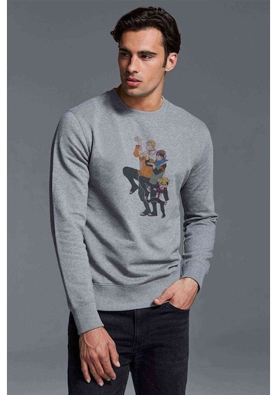 Anime Naruto Boku Dake Ga Inai Baskılı Gri Erkek Sweatshirt