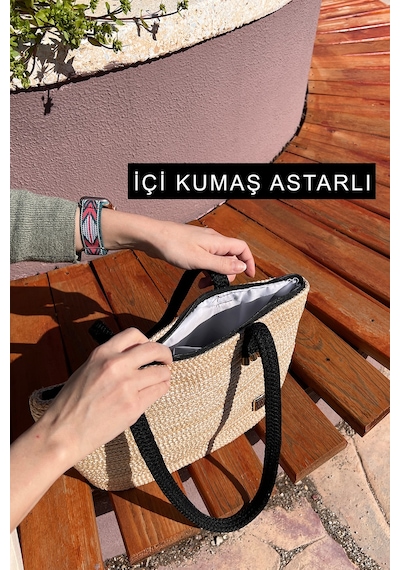 Kaan Home Krem Siyah Hasır Görünümlü Kumaş Astarlı Plaj Havuz Günlük Çantası Çok Amaçlı Yıkanabilir Çanta Krem