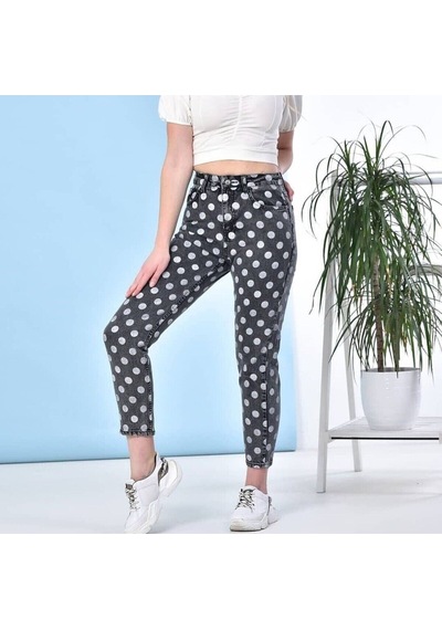 2006-pua Kadın Likrasız Puantiyeli Mom Jeans Kot Denim Pantolon Siyah