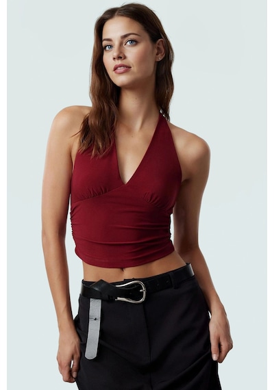Ersefa Vücuda Oturan Boyundan Bağlamalı Crop Bluz Polyester Elastan Sand bordo
