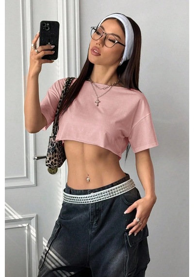 Kadın Pembe Kayık Yaka Oversize Crop T-shirt Pembe