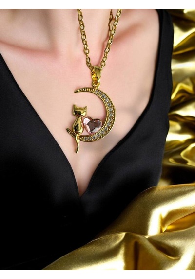 Pembe Taşlı Kedi Figürlü Kadın Kolye Gold Renk Paslanmaz Çelik, 55 Cm Şık Ve Sevimli Tasarım Çelik