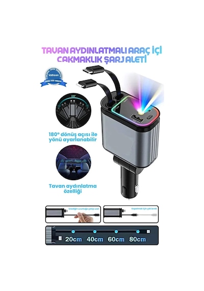 Led Işık Tavan Aydınlatmalı 66w 4 1 Çift Kablolu Hızlı Şarj 3.4a Araç İçi Çakmaklık Şarj Aleti Standart