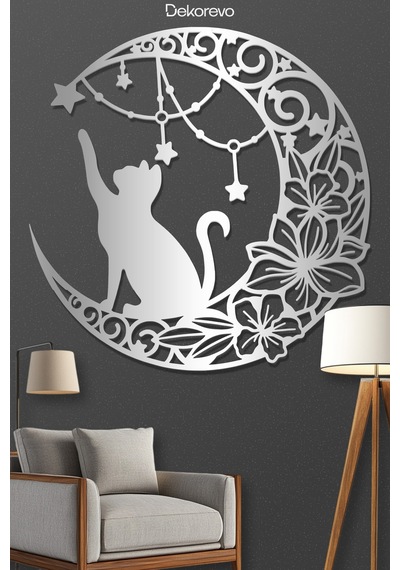 Floral Hilal Ve Kedi Silüeti Dekoratif Metal Tablo - Metal Duvar Sanatı - Gümüş - 50 X 50 Cm