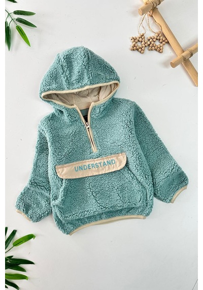 Miniğimin Cicileri Kanguru Cep Detaylı Kapüşonlu Unisex Çocuk Polar Sweat - Yeşil