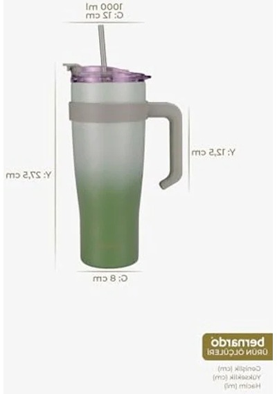 1000 Ml Kapasiteli Yeşil Termos Bardak, Pipetli Tasarım İle Açık Beyaz