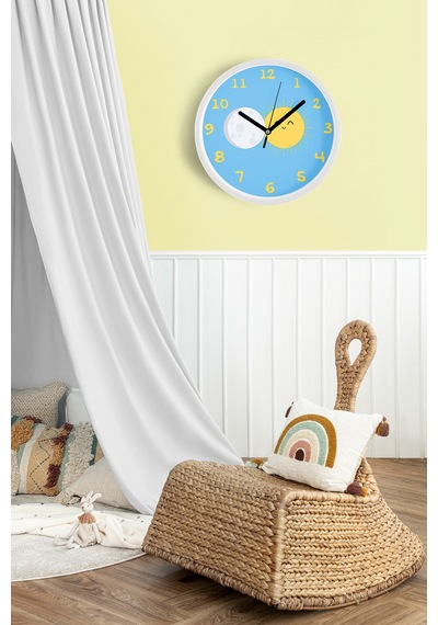 Sevimli Güneş Ile Ay Tasarımı Çocuk Odası Duvar Saati - 35cm - Önü Camlı Beyaz Kasa Beyaz