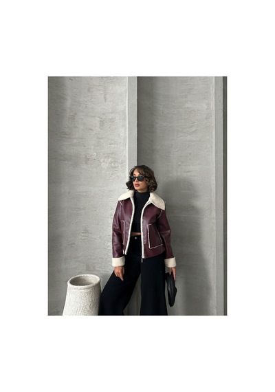 Verymoda Lamine Deri Fermuarlı F1511 Bordo Krem