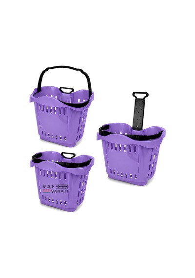 5 Adet - 43 Lt Tekerlekli Market Sepeti Plastik Alışveriş Sepeti Ergonomik Çift Saplı Mor