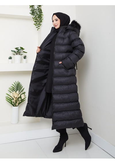 Hb Harma Time Butik Kadın Bel Kemerli Kapüşonlu Uzun Şişme Siyah Mont