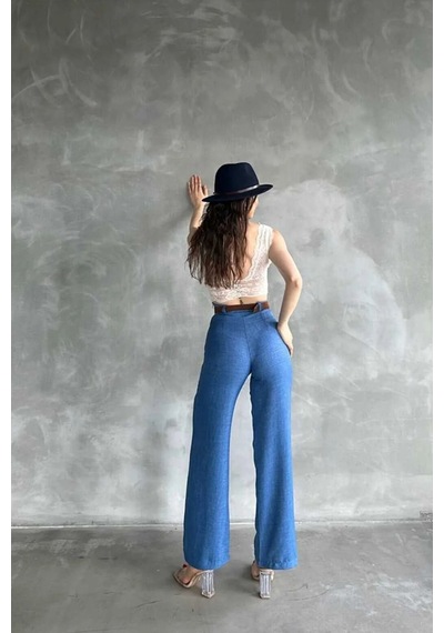 Tane Tasarım Kadın Yazlık Trend Beli Kemerli Keten Pantolon Mavi Mavi