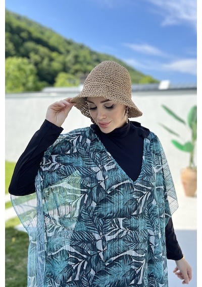 Remsa Tesettür Mayo Üzerine Triko Örme Tek Kaftan Pareo 430-t12 Çizgi Yaprak Ekru