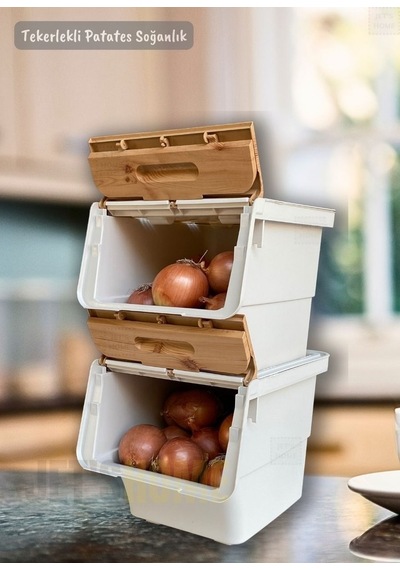 4'lü Tekerlekli Patateslik Soğanlık Bpa Free Oyuncaklık Erzak Kutusu Sebzelik Bambu 48 Lt Bambu-krem