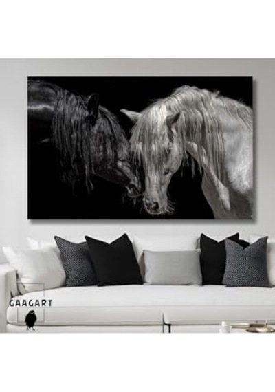 Tekli Yatay Kanvas Dekoratif Duvar Tablosu Siyah Beyaz At, 40 X 30