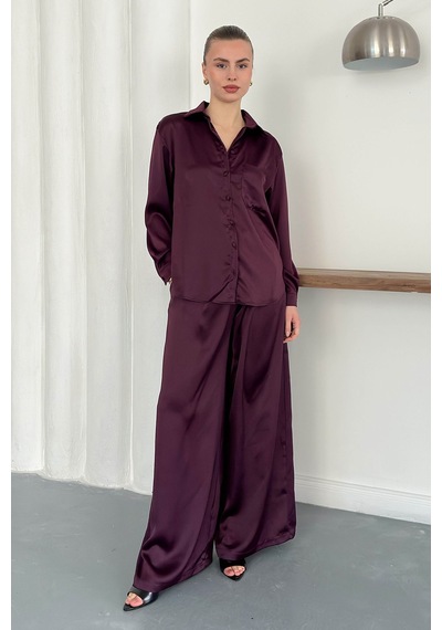 Verymoda Yüksek Bel Bol Paça Saten Pantolon Şık Ve Rahat Tasarım F2052 Mürdüm