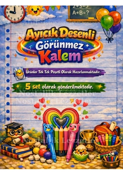 Karne Hediyesi 5 Set Ayıcık Desenli Görünmez Kalem Ve Tebrik Kartı
