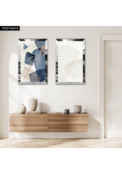 Gümüş Aynalı Pleksi Çerçeveli Beyaz Arka Planlı Modern Mavi Çiçek Dekoratif İkili Mdf Tablo Seti