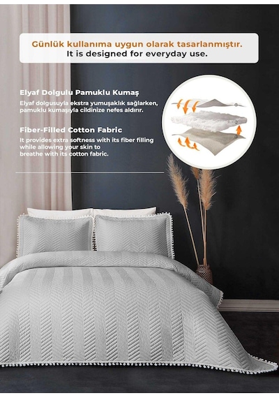 Evlen Home Ollie %100 Pamuk Yatak Örtüsü Pike Takımı Çift Kişilik Ponponlu Kapitone Günlük Gri