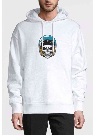 Skull With Blue Helmet Baskılı Beyaz Erkek Örme Sweatshirt (531029342)