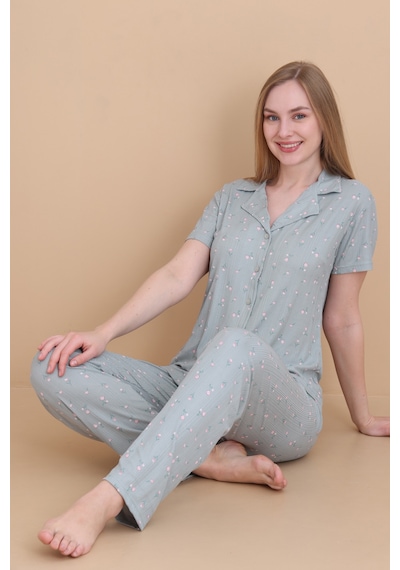 Wordex Mirano 9512 Güllü Pegasus Kumaş Düğmeli Kısa Kolu Kadın Pijama Takımı Yeşil