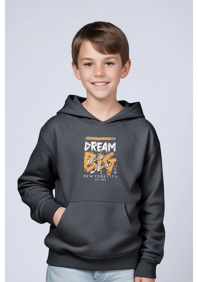 Panios Kids Kapüşonlu Kanguru Cepli Big Dream Baskı Detaylı Erkek Çocuk Sweatshirt Füme