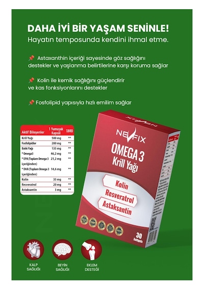 Nevfix Krill Oil Omega3 Kolin Resveratrol Astaksantin 2x30 Softgel