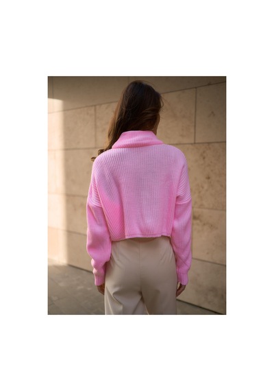 Cloudy Kids Kadın Oversize Fermuarlı Crop Triko Kazak Günlük Kullanım Mevsimlik Pembe - 607293446 Pembe