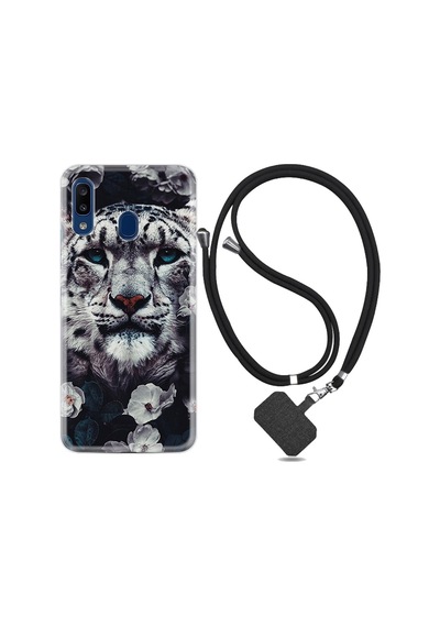 Samsung Uyumlu Galaxy A20S Kılıf Ipli Askılı Flowers Snow Leopard 1335