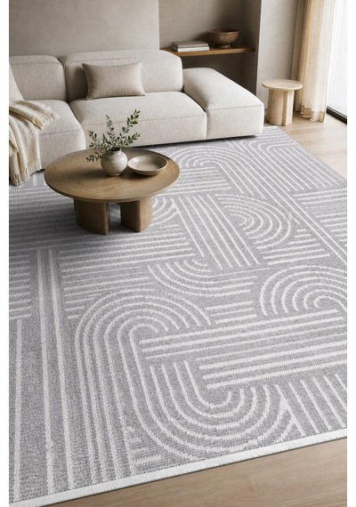 Zelve Geometrik Gri/beyaz Kaymaz Taban Yıkanabilir Salon Halısı