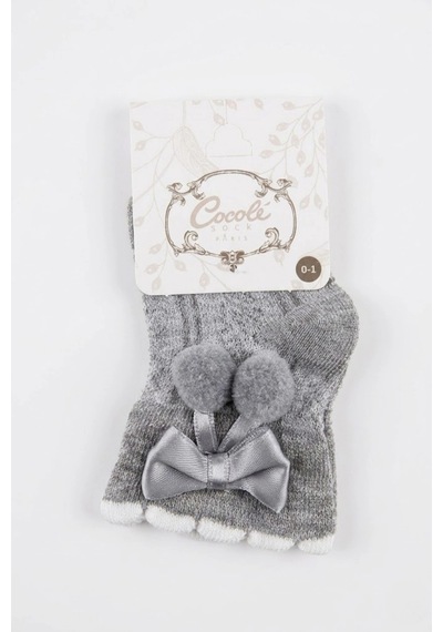 Cocole Socks Kız Çocuk Aksesuarlı Soket Çorabı Tekli Pamuklu Ponponlu Gri Desenli