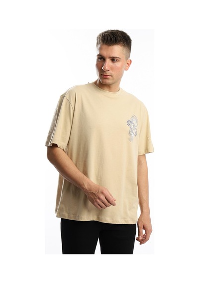 Erkek Oversize Fit Ön Arka Baskılı Basic Tişört Bej