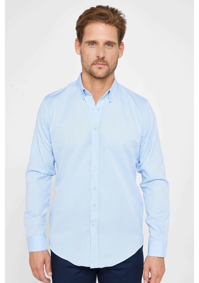 Tudors Slim Fit Uzun Kollu Dar Kesim Düğmeli Yaka Pamuklu Düz Oxford Mavi Erkek Gömlek-31026-mavi Mavi