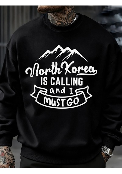 Startmore Tarzsokak Kuzey Kore Çağırıyor Ve Gitmeliyim Desenli Erkek Sweatshirt Sokak Günlük Kişisel Kazak Bol Üs Siyah